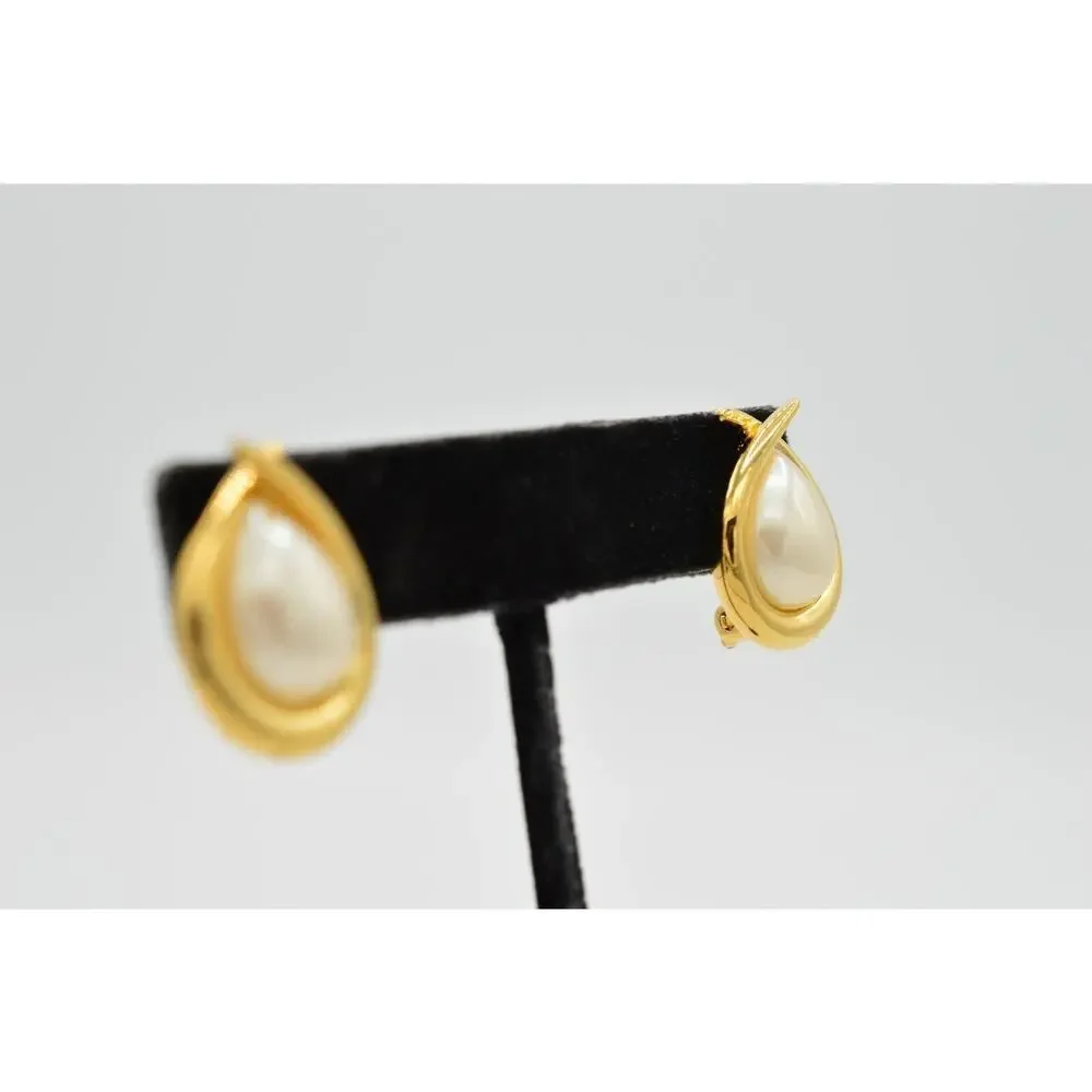 FO Vintage Earrings Clip Pearl Teardrop Gold Fernando Original Signed NOS 80s 9L